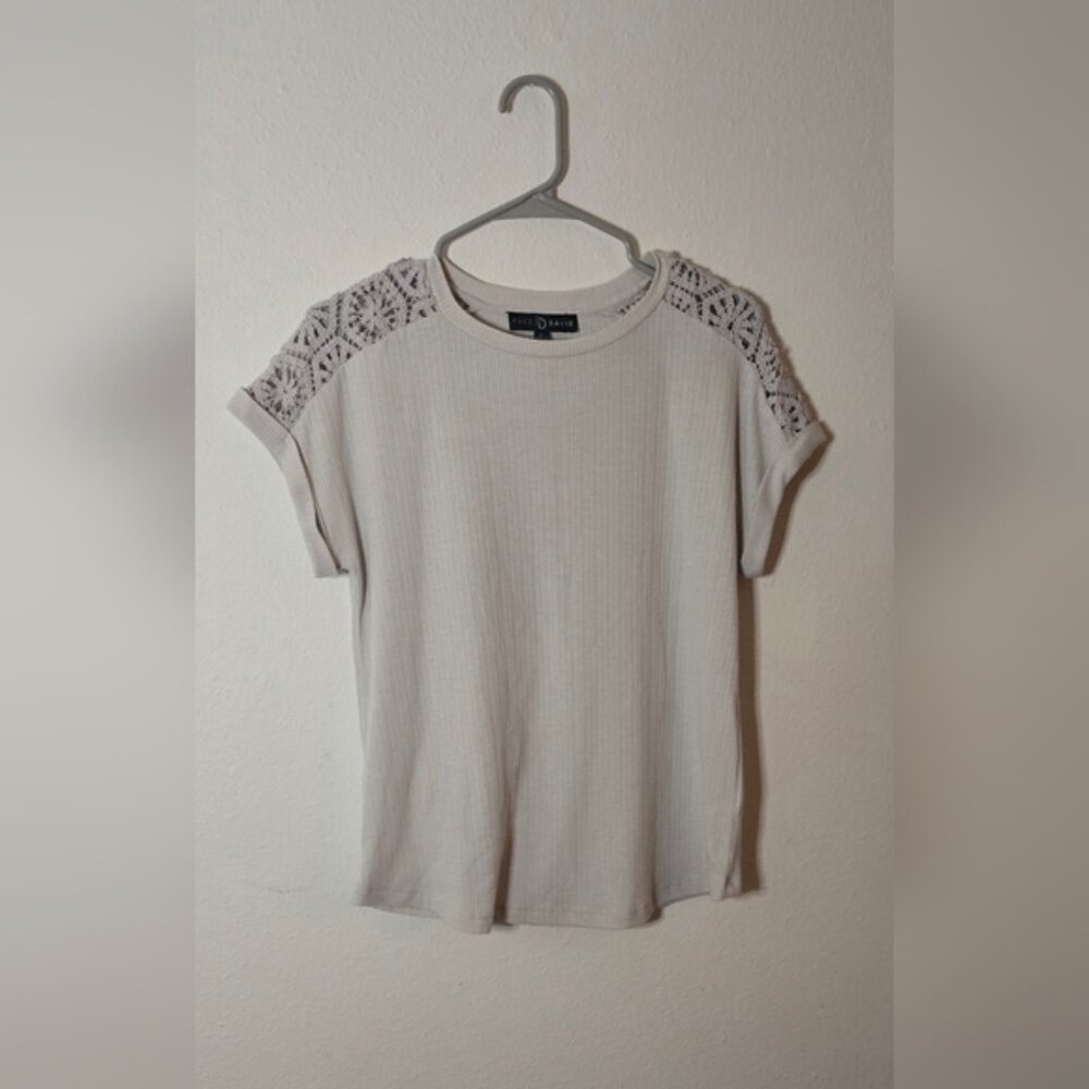Fred David Ribbed Knit Lace Shoulder Neutral Top Small